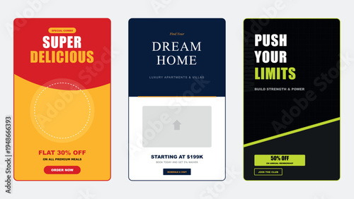 Modern promotional banners set, geometric poster design, abstract shape composition for marketing and advertising