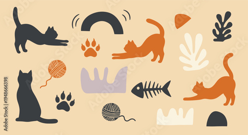Abstract cat silhouette collection with organic shapes and playful elements