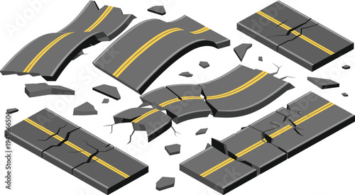 Broken asphalt road pieces with cracks debris damaged highway sections disaster destruction concept isolated vector illustration