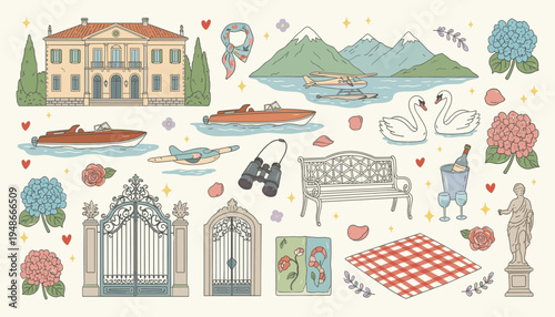 Lake Como Italy travel elements collection