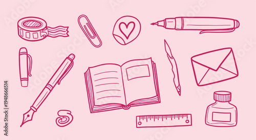 Hand drawn stationery and writing supplies doodle set