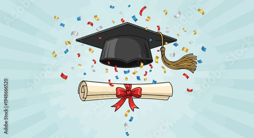 Vector graduation icon with confetti and diploma