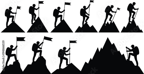 Silhouette mountain climber with flag, hiking achievement, peak conquest, outdoor adventure, perseverance, success journey, goal setting, challenge overcome