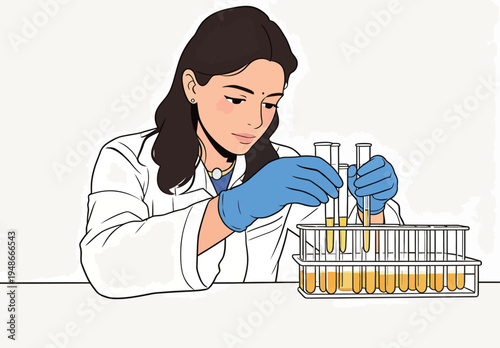 Scientist conducts experiments with test tubes in a lab setting during daylight hours