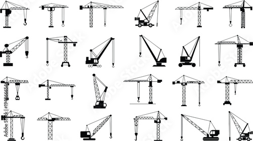 Collection of construction crane silhouettes isolated on white background representing tower cranes mobile cranes heavy equipment industrial lifting machinery set