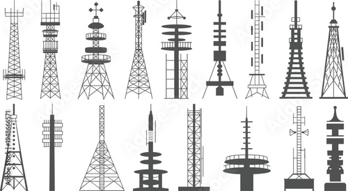 Communication tower silhouettes collection isolated on white background including radio antenna telecom mast broadcasting tower wireless network infrastructure icons