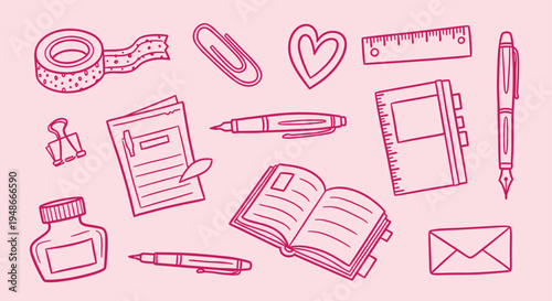 Hand drawn stationery and office supplies collection on pink background