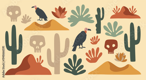Boho Desert Elements Set with Vultures and Cacti