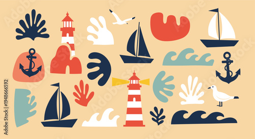 Nautical sea elements collection with lighthouses and sailboats