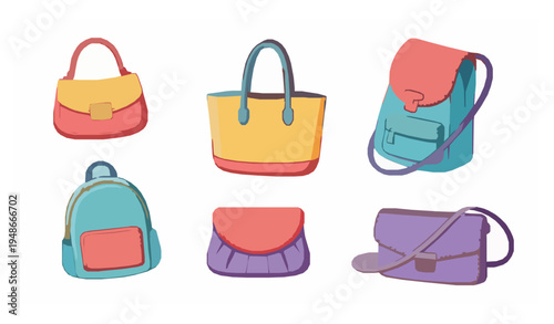 Cute cartoon style bags vector set with trendy fashion handbags and backpacks