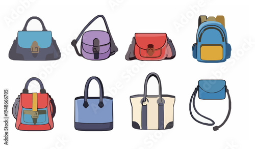 Cartoon fashion bags collection colorful handbags backpacks and purses vector