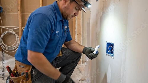 Electrician installing electrical outlet in residential construction site with wearing work gloves.