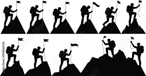 Mountain climber silhouette reaching summit, holding flag, adventure achievement, success concept, perseverance, outdoor exploration, conquest, victory, determination, challenge