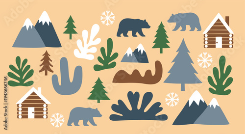 Winter Forest Nature Elements Set with Mountains and Cabins