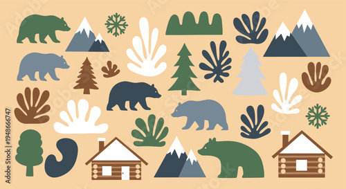 Forest nature elements set with bears and cabins