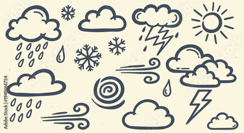 Hand drawn doodle weather forecast icons set