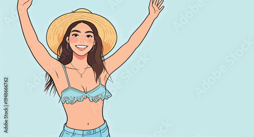 Young woman raises arms in summer attire with hat in bright background during daytime celebration