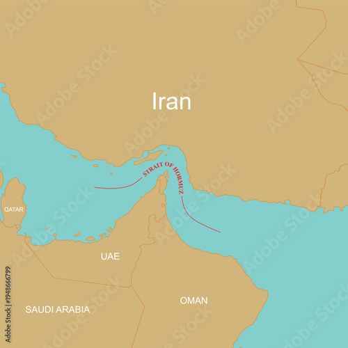 Geopolitical map illustration showing the Strait of Hormuz, Iran, and the United Arab Emirates (UAE).