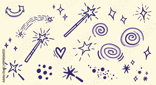 Hand drawn magic wand and sparkling stars doodle set