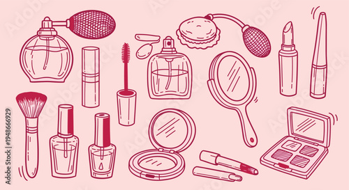 Hand drawn beauty and makeup collection on pink background