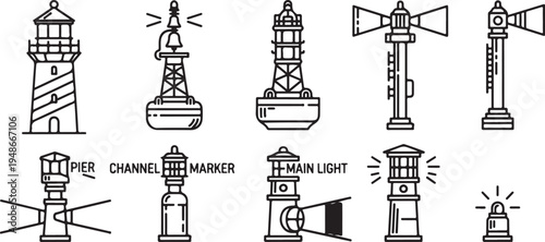 Illustrations of various types of lighthouses and navigational lights Vector