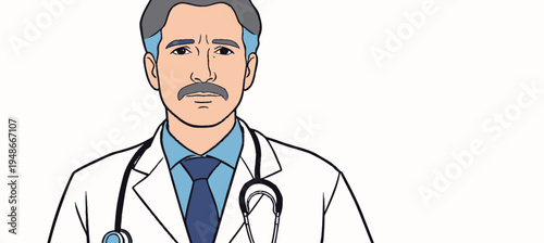 Doctor in white coat with stethoscope looking directly at viewer during daytime setting