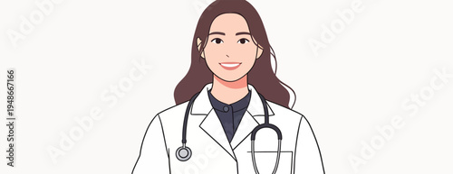 Doctor in white coat with stethoscope smiling at the viewer in a plain background