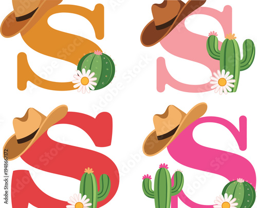 Western alphabet letter S decorated with cowboy hat, cactus and flowers, colorful desert themed typography illustration set isolated on white background