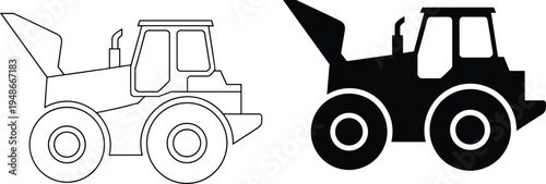 Wheel loader tractor outline and solid silhouette vector illustration isolated on white background, heavy construction machinery equipment for mining, building, and industrial design
