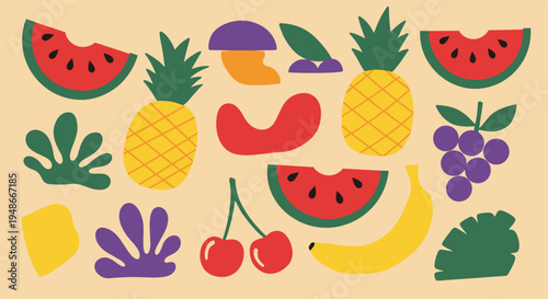 Colorful flat fruits and tropical leaves pattern