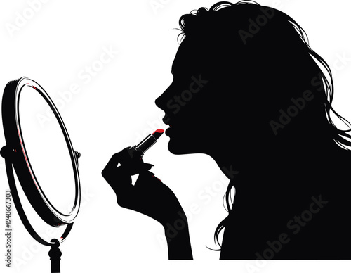 Woman applying lipstick in mirror silhouette, female beauty routine with makeup cosmetic, elegant profile portrait isolated on white background, fashion and glamour concept
