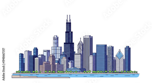 Chicago city skyline with skyscrapers.