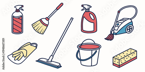 a collection of cleaning supplies and tools Vector