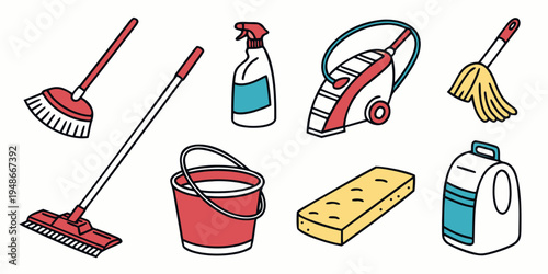 cleaning supplies and tools for household chores Vector