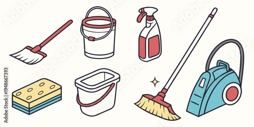 a collection of cleaning supplies and tools Vector