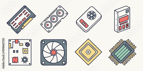 computer hardware components icons Vector