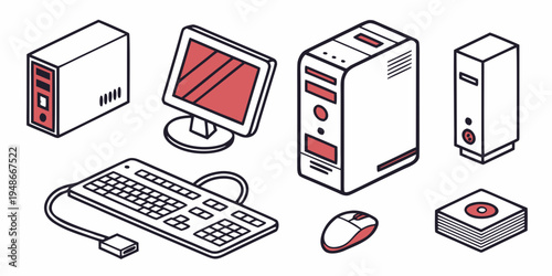 a collection of computer equipment and peripherals Vector