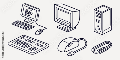 a collection of computer and office equipment Vector