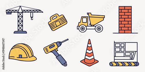 construction icons including crane, cement mixer, and safety gear Vector