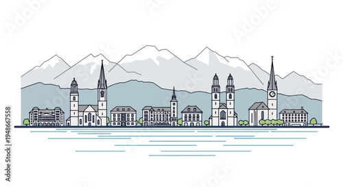 City skyline with church towers.