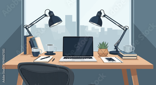Vector office desk with laptop and lamp