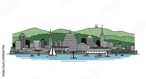 City Skyline with Harbor Boats.