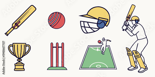 cricket equipment and player icons Vector