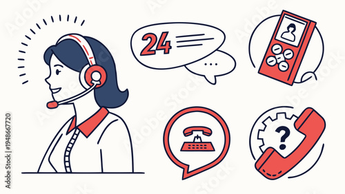 a woman wearing a headset with customer service icons Vector
