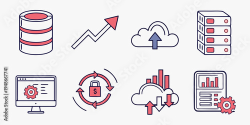 a set of icons representing cloud computing and data analysis Vector