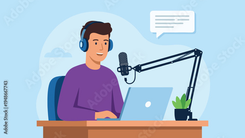 Podcast recording concept with male host wearing headphones speaking into microphone, online radio broadcasting and digital content creator illustration