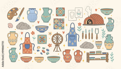 Pottery Workshop Tools and Ceramic Art Elements Collection