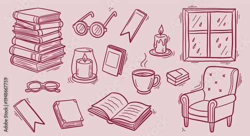 Cozy Reading Corner Elements Hand Drawn Illustration Set