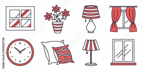 a collection of red and white home decor items Vector