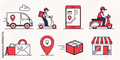 delivery icons with various transportation modes and packages Vector